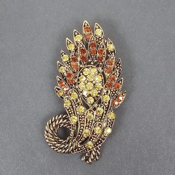 Vintage Yellow Brown Crystal Rhinestone Floral Big Brooch Pin Pendant Gold Tone‎ - Picture 11 of 13